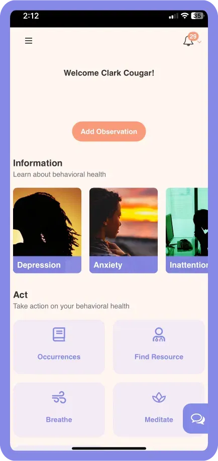 MI PEACE student app dashboard with behavioral health information and tools