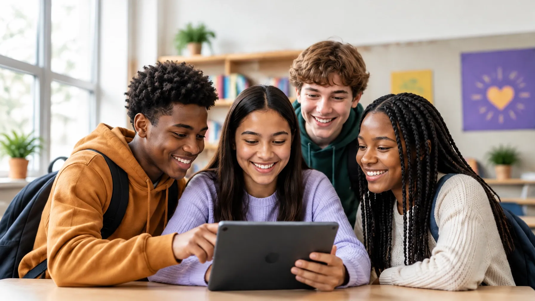 Students collaborating around a tablet in their classroom